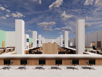 Bright Modern Service Hall Interior With Open Layout Service Counters And Waiting Seats 3d model