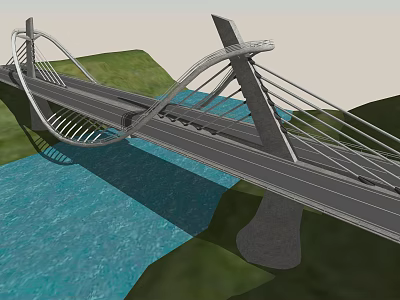Modern Landscape Bridge with Cable Stayed Structure Over River and Green Surroundings 3d model