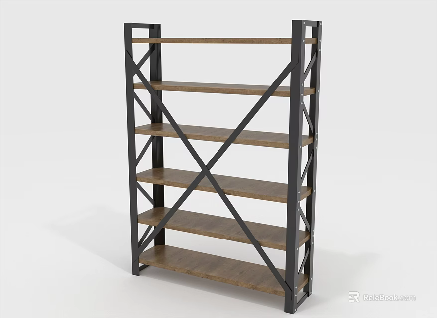 Industrial Storage Shelf Unit With Metal Cross Braces And Multiple Wooden Shelves 3d model 
