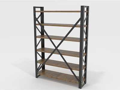 Industrial Storage Shelf Unit With Metal Cross Braces And Multiple Wooden Shelves 3d model