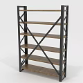 Industrial Storage Shelf Unit With Metal Cross Braces And Multiple Wooden Shelves