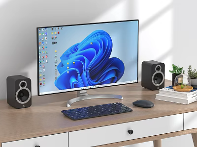 Modern Computer Desktop Setup With Blue Interface Monitor Keyboard Mouse And Speakers On Wooden Desk 3d model