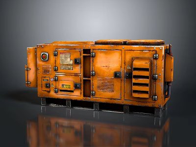 Orange Heavy Duty Industrial Generator With Metal Casing Control Panel And Vents On Wheeled Base 3d model