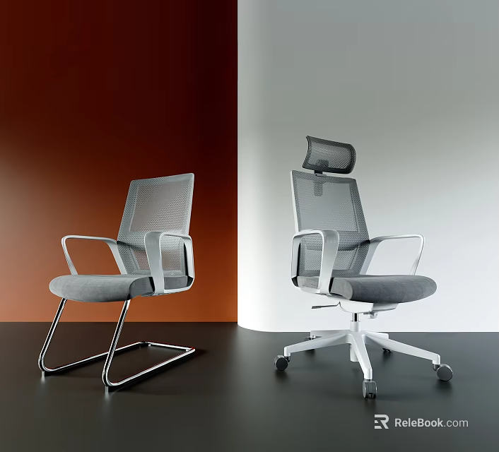 Modern Office Chair With Mesh Back Gray Seat Metal Frame Adjustable Headrest And Wheels 3d model 