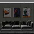 Modern Living Room With Three Abstract Paintings On Wall And Comfortable Sofa