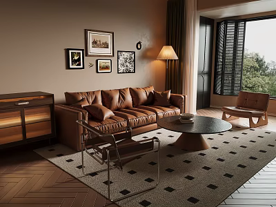 Cozy Living Room With Brown Leather Sofa And Patterned Rug 3d model