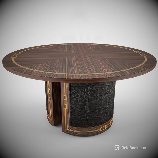 Round Wooden Dining Table With Gold Trim And Black Woven Textured Base 3d model 