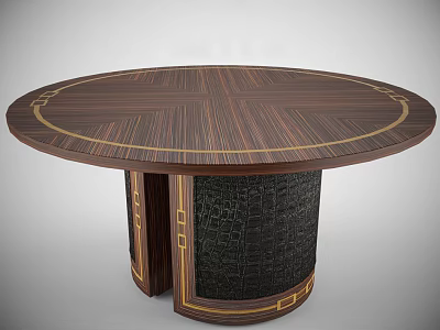 Round Wooden Dining Table With Gold Trim And Black Woven Textured Base 3d model