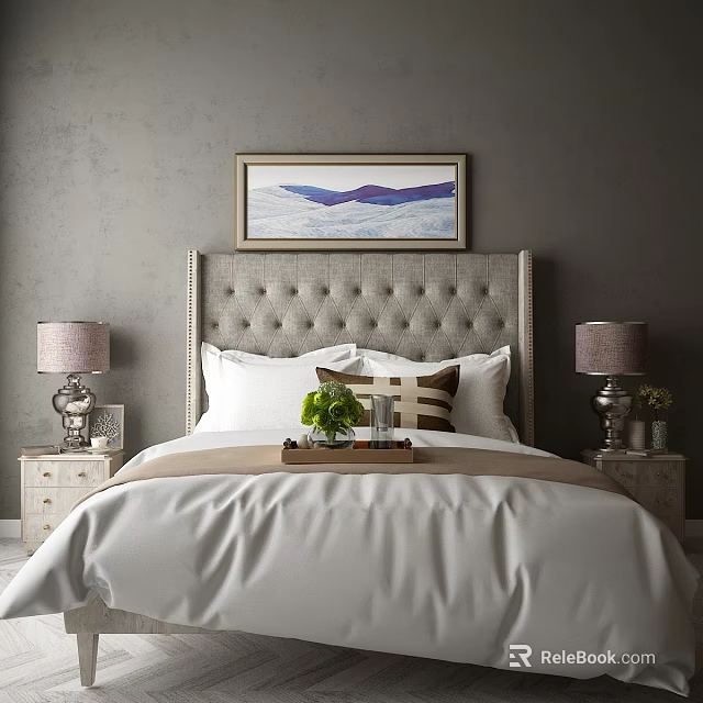 Double Bed with Tufted Gray Headboard White Linens Nightstands Table Lamps and Landscape Painting 3d model 