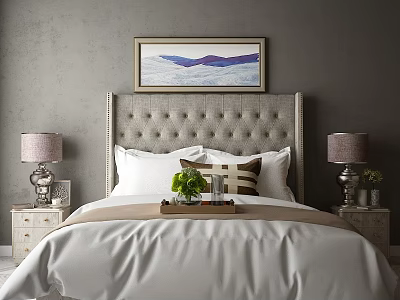 Double Bed with Tufted Gray Headboard White Linens Nightstands Table Lamps and Landscape Painting 3d model