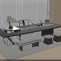 Modern Japanese Tea Table and Chairs With Marble Top Potted Plant And Tea Set