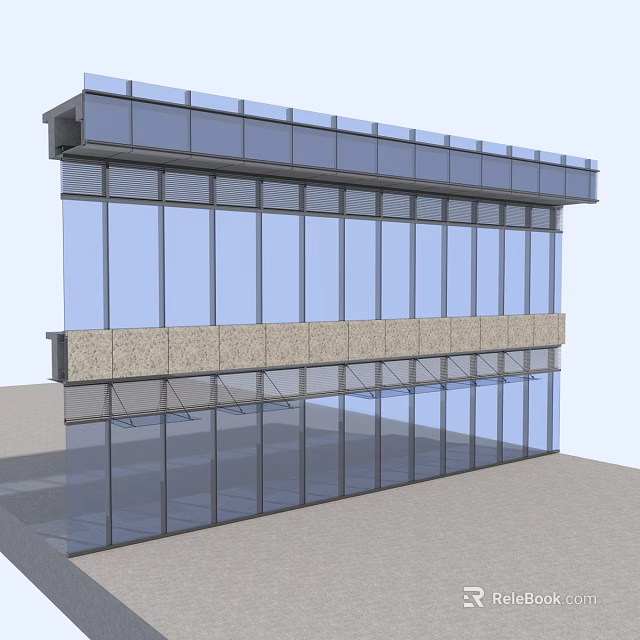 Modern Building Facade With Large Glass Windows Metal Frames And Stone Cladding Band 3d model 