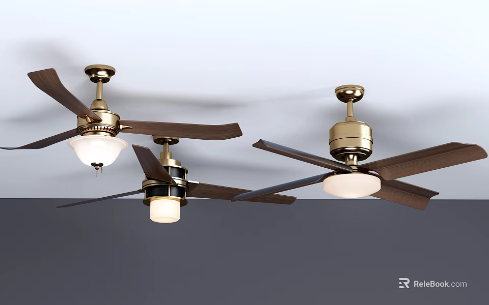 Classic Brass Ceiling Fans With Dark Blades And White Lights For Home Use 3d model 