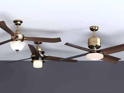 Classic Brass Ceiling Fans With Dark Blades And White Lights For Home Use 3d model