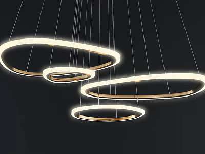 Three Hanging Illuminated Ring Shaped Inflatables with Golden Edge Trim Black Background Inner Glow 3d model