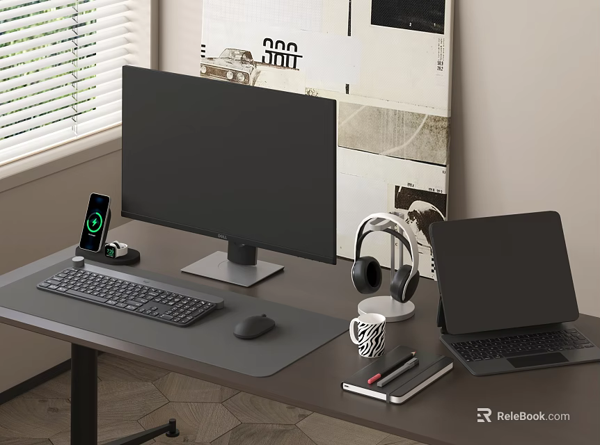 Modern Computer Desk Setup With Monitor Laptop Keyboard Mouse And Headphones 3d model 