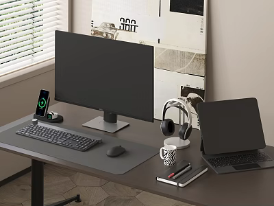 Modern Computer Desk Setup With Monitor Laptop Keyboard Mouse And Headphones 3d model