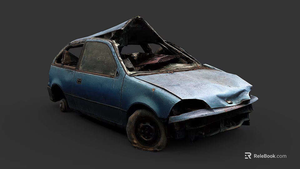 Wrecked Old Blue Car With Open Hood And Damaged Front End 3d model 