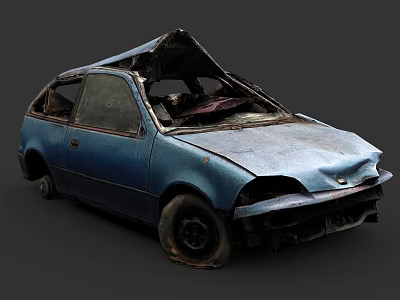 Wrecked Old Blue Car With Open Hood And Damaged Front End 3d model