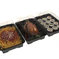 Assorted Takeout Food in Plastic Containers with Pasta Roasted Chicken and Sushi Rolls