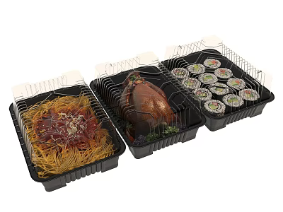 Assorted Takeout Food in Plastic Containers with Pasta Roasted Chicken and Sushi Rolls 3d model