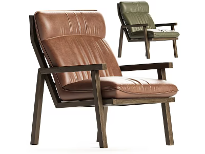 Modern Leisure Chair With Brown Leather Green Upholstery And Wooden Frame Design 3d model