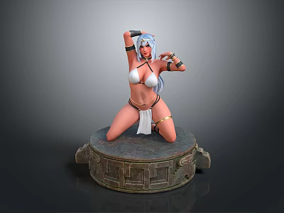 Woman With Blue Hair In White Bikini Kneeling On Carved Stone Platform As 3d model