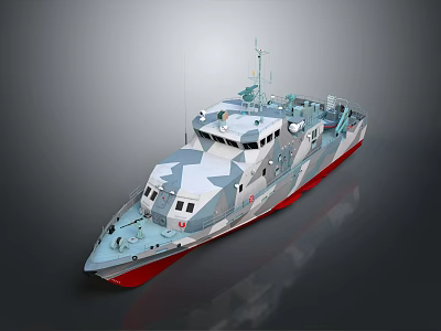 3D Rendered Modern Military Warship With Camouflage And Red Hull 3d model