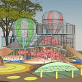 Playground Equipment Featuring Hot Air Balloon Shaped Climbing Frames Slides and Colorful Ground Near Trees