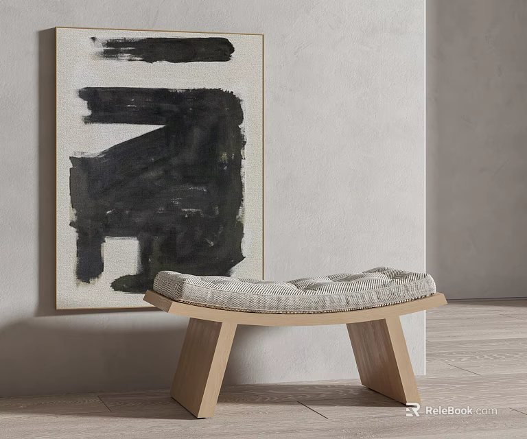 Modern Wooden Bench With Woven Cushion Against Gray Wall And Abstract Art 3d model 