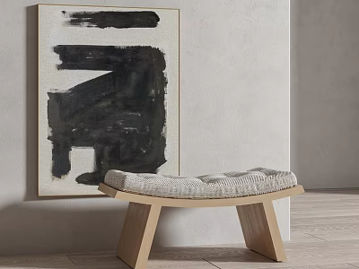 Modern Wooden Bench With Woven Cushion Against Gray Wall And Abstract Art 3d model