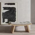 Modern Wooden Bench With Woven Cushion Against Gray Wall And Abstract Art