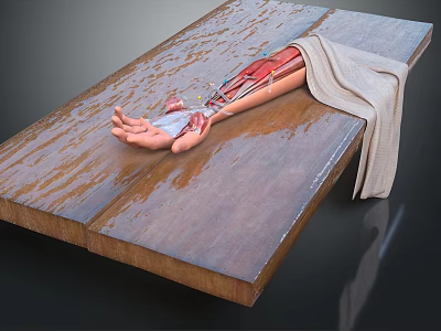 Detailed Human Brain Anatomical Model on Wooden Table with Cover Cloth and Water Stains 3d model