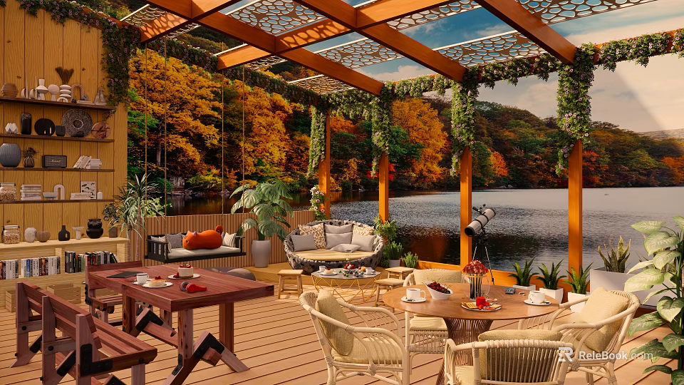Outdoor Café With Wooden Pergola Vines Autumn Forest And Lake View Patio Seating 3d model 