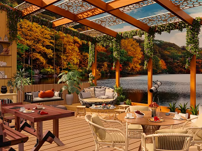 Outdoor Café With Wooden Pergola Vines Autumn Forest And Lake View Patio Seating 3d model