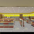 Supermarket Department Store with Stocked Shelves Yellow Signage and Organized Product Sections