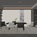 Elegant Modern Restaurant Interior With Dining Table Chairs Landscape Painting And Plants