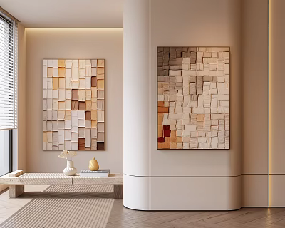 Two Abstract Paintings with Geometric Square Patterns Warm Tones Modern Interior Soft Lighting 3d model