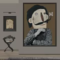 Figurative Portrait Painting Featuring Large Nose Small Mustache Plaid Shirt Brown Background And Wooden Table