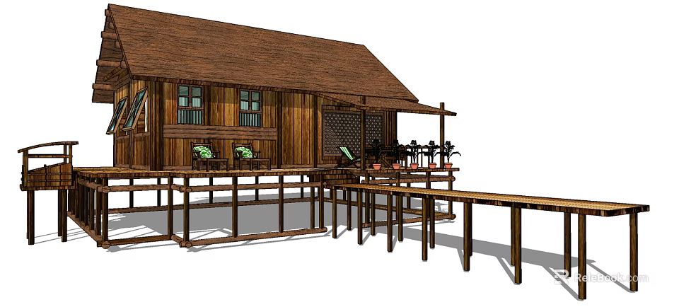 Wooden House on Stilts with Brown Roof Terrace Green Chairs and Plants 3d model 