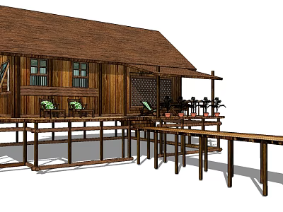 Wooden House on Stilts with Brown Roof Terrace Green Chairs and Plants 3d model