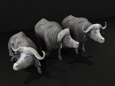 Three Gray Reptile Sculptures With Horns On Black Background 3d model