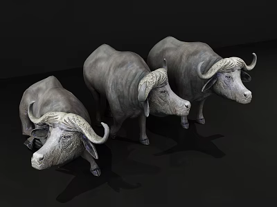 Three Gray Reptile Sculptures With Horns On Black Background 3d model
