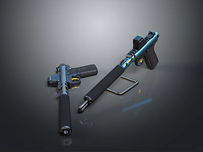 Two Modern Firearms with Blue Metallic Accents Black Grips and Yellow Detail Design 3d model
