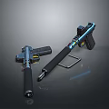 Two Modern Firearms with Blue Metallic Accents Black Grips and Yellow Detail Design