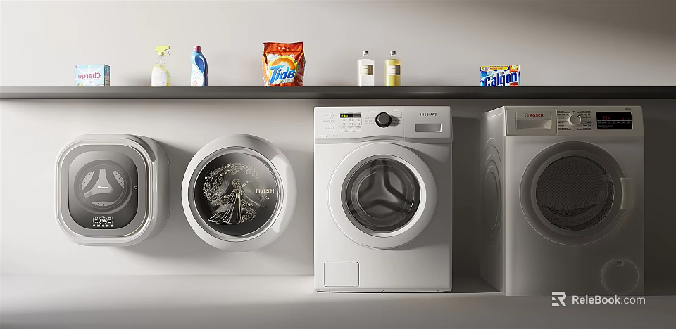 White Front Load Washing Machines With Detergent Bottles And Powder Packs On Shelf 3d model 