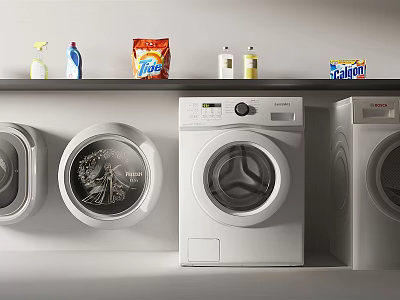 White Front Load Washing Machines With Detergent Bottles And Powder Packs On Shelf 3d model