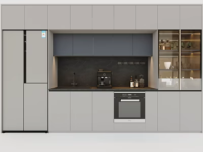 Modern Open Kitchen Interior Design With Glass Door Wine Cabinet And Gray Cabinets 3d model