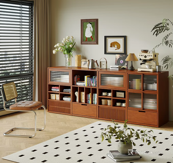 Wooden Bookcase with Glass Doors Drawers Filled with Books Decor and Plants in Cozy Room 3d model 