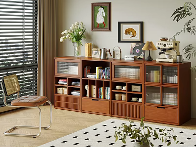 Wooden Bookcase with Glass Doors Drawers Filled with Books Decor and Plants in Cozy Room 3d model